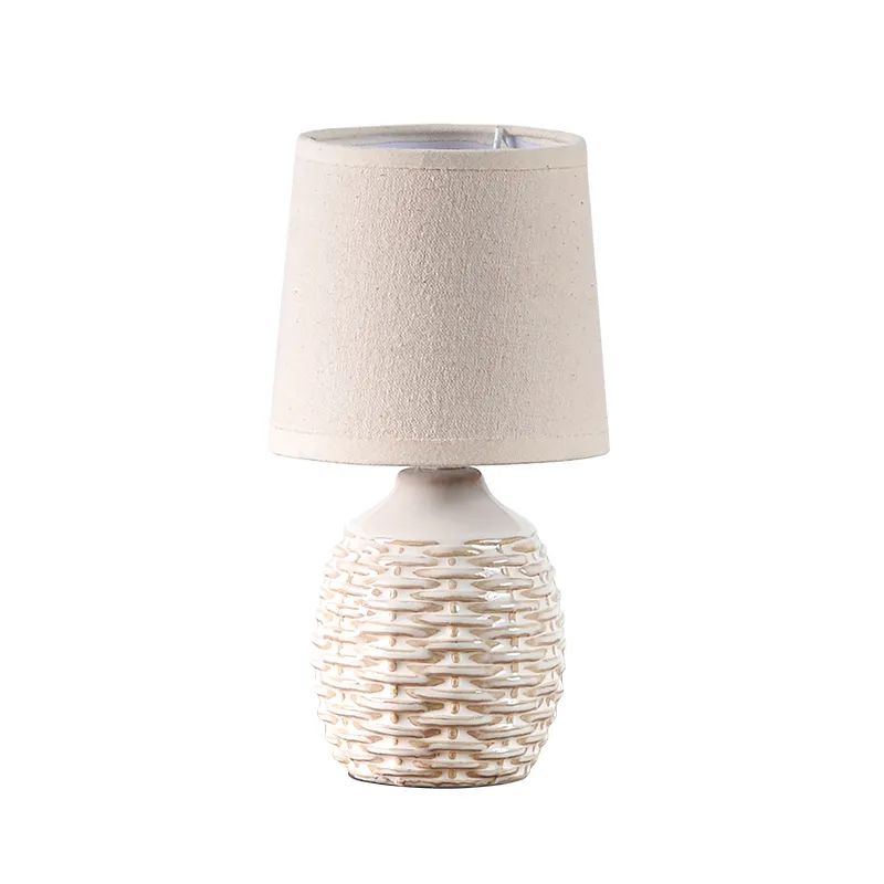 Mini Ceramic Table Lamp Basket Weave Patterned Base with Beige Fabric Shade