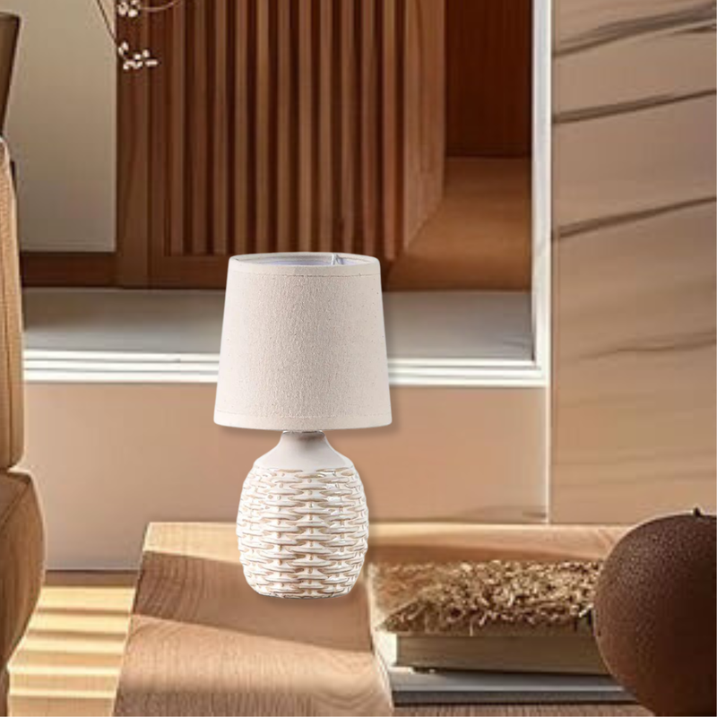 Mini Ceramic Table Lamp Basket Weave Patterned Base with Beige Fabric Shade