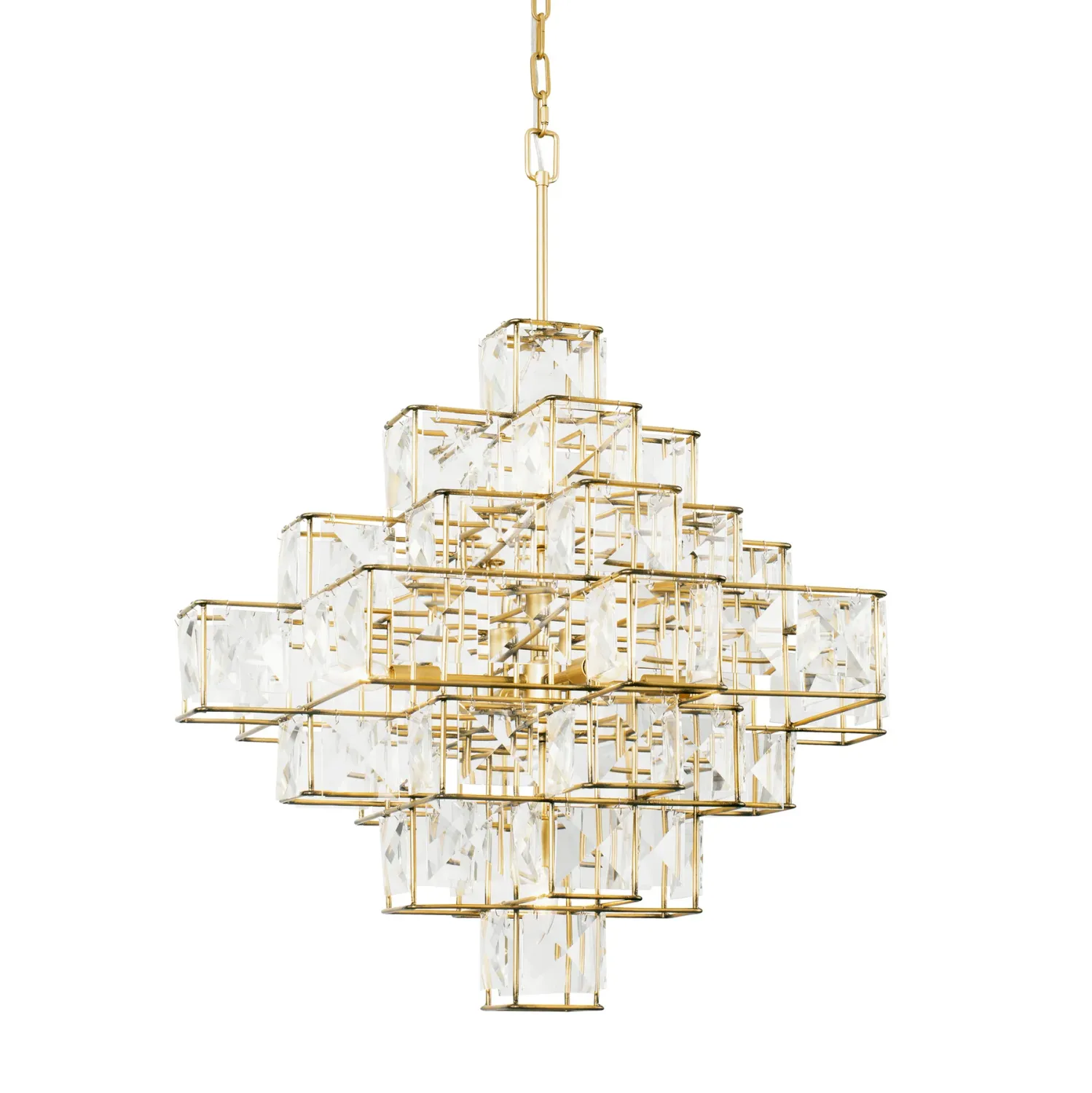 Glam Modern Cubic 6-Light Chandelier Faceted Crystal Panels Calypso Gold Finish