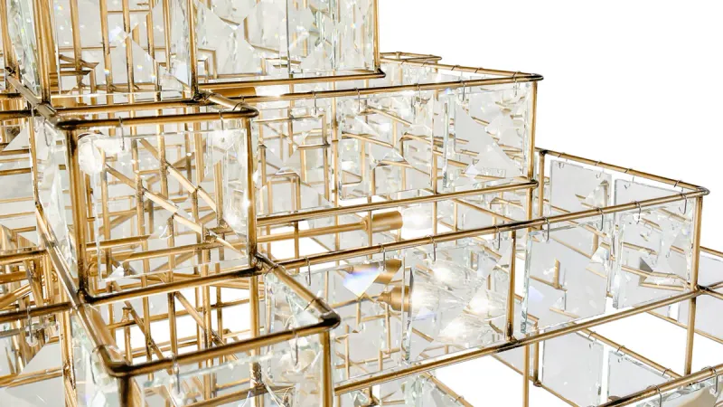 Glam Modern Cubic 6-Light Chandelier Faceted Crystal Panels Calypso Gold Finish