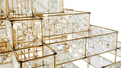 Glam Modern Cubic 6-Light Chandelier Faceted Crystal Panels Calypso Gold Finish