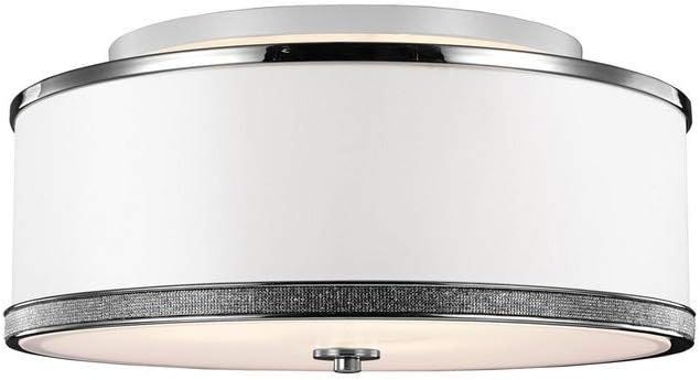 Large Textured Silk Shade with Crystal Inlay 20" Pave 3-Light Semi Flush Fixture/ Polished Nickel