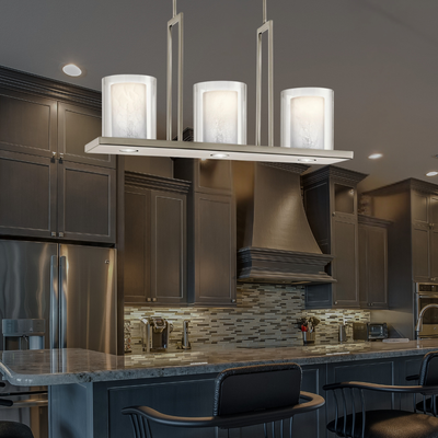 Triad 31.25" 6 Light Linear Chandelier with Uplights and Downlights and Clear Glass Outer and White Vetro Mica Inner Shades in Classic Pewter