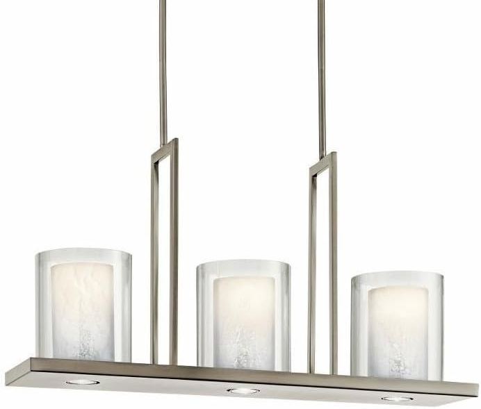 Triad 31.25&quot; 6 Light Linear Chandelier with Uplights and Downlights and Clear Glass Outer and White Vetro Mica Inner Shades in Classic Pewter