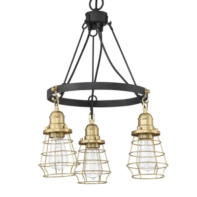 3-Light Vintage Industrial Chandelier 18" Wide Flat Black with Satin Brass