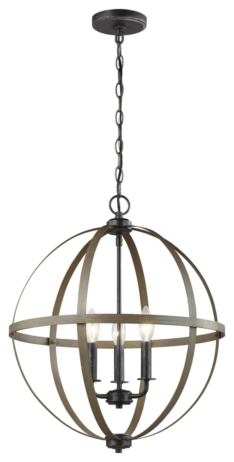 Calhoun 3-Light Weathered Gray Rustic Farmhouse Hanging Globe Candlestick Chandelier with Distressed Oak Finish Accents