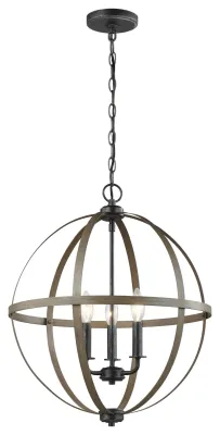 Calhoun 3-Light Weathered Gray Rustic Farmhouse Hanging Globe Candlestick Chandelier with Distressed Oak Finish Accents