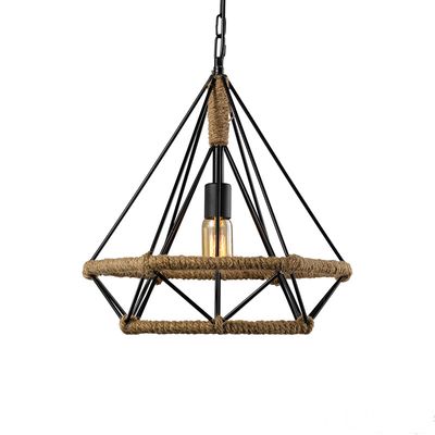 Retro Industrial Pendant with Hemp Rope Diamond Shape Metal Cage 1X60W Bk