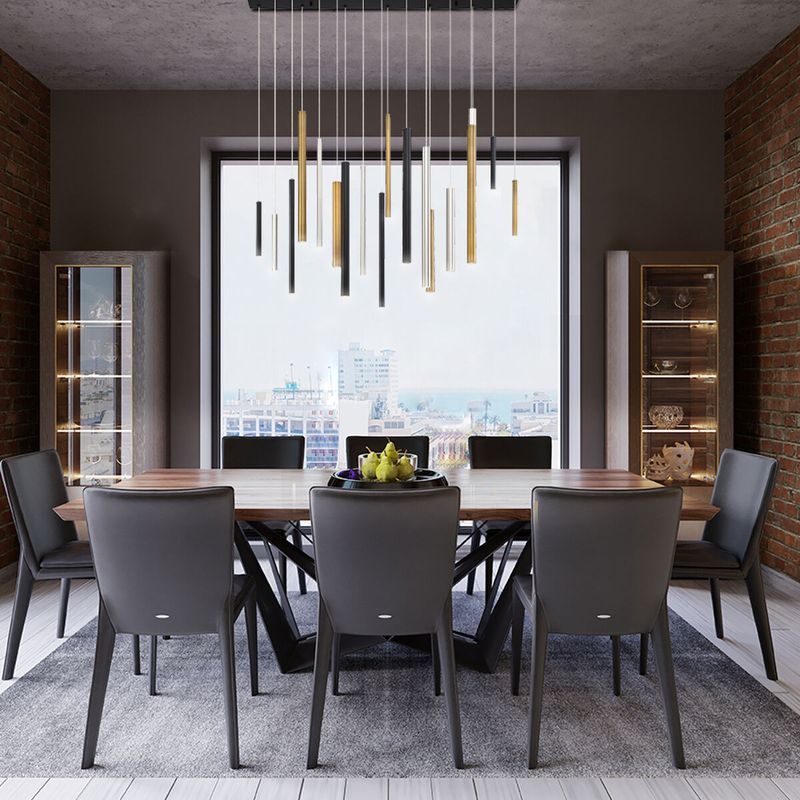 Elegant Contemporary Santana Linear 18-Light Chandelier Black, Satin Nickel &amp; Antique Brass