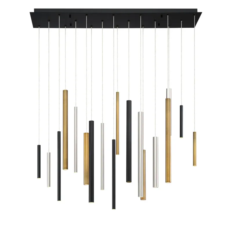 Elegant Contemporary Santana Linear 18-Light Chandelier Black, Satin Nickel &amp; Antique Brass