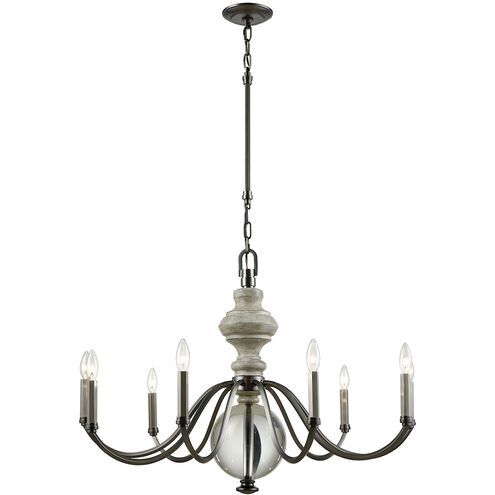 Neo Classic 9-Light Chandelier Aged Black with Weathered Birch and Clear Crystal Shades