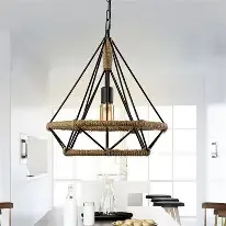 Retro Industrial Pendant with Hemp Rope Diamond Shape Metal Cage 1X60W Bk