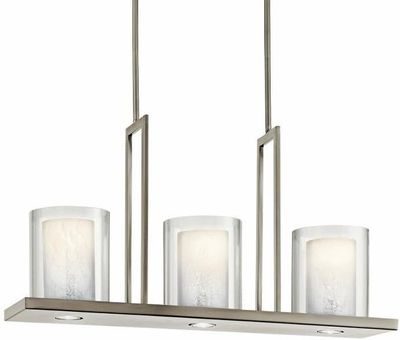 Triad 31.25 Triad 31.25" 6 Light Linear Chandelier with Uplights and Downlights and Clear Glass Outer and White Vetro Mica Inner Shades in Classic Pewter