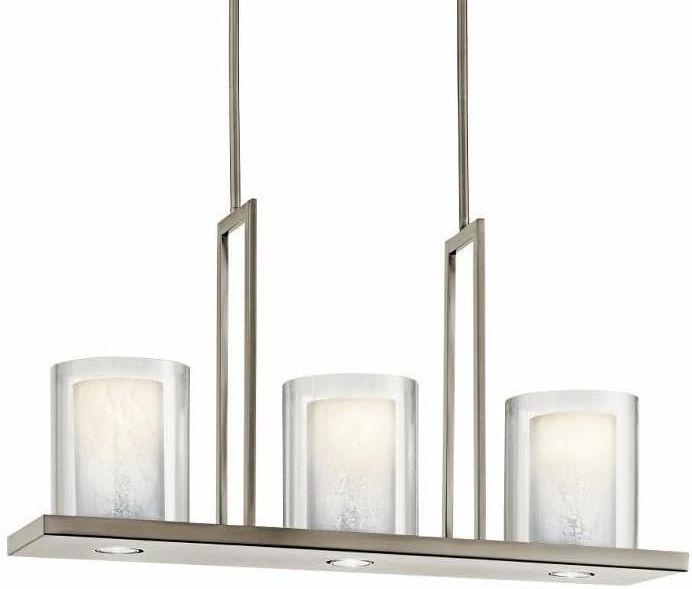 Triad 31.25" 6 Light Linear Chandelier with Uplights and Downlights and Clear Glass Outer and White Vetro Mica Inner Shades in Classic Pewter
