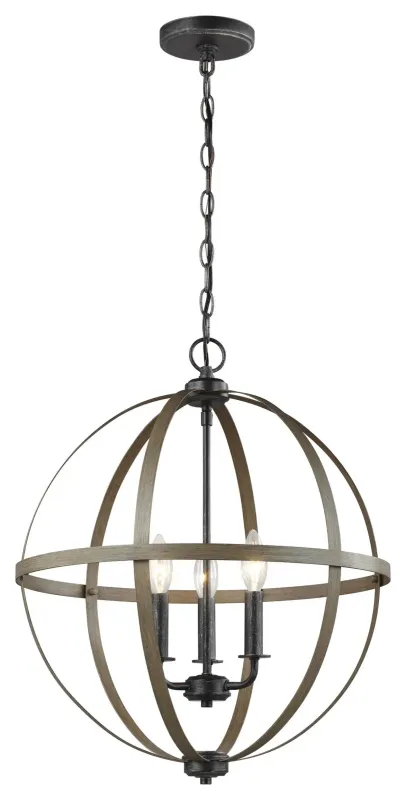 Calhoun 3-Light Weathered Gray Rustic Farmhouse Hanging Globe Candlestick Chandelier with Distressed Oak Finish Accents