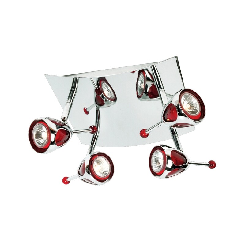 Contemporary 4-Light Flushmount, Polished Chrome and Red Contemporary 4-Light Flushmount, Polished Chrome and Red