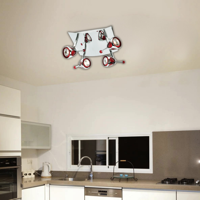 Contemporary 4-Light Flushmount, Polished Chrome and Red