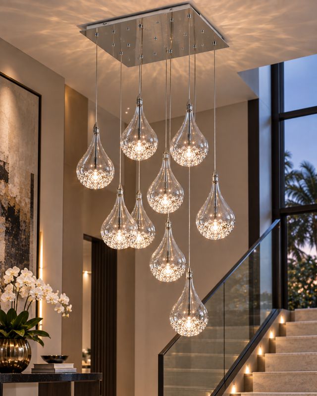 Modern Teardrop Multi Crystal Chandelier. 9-Light Drop Chandelier