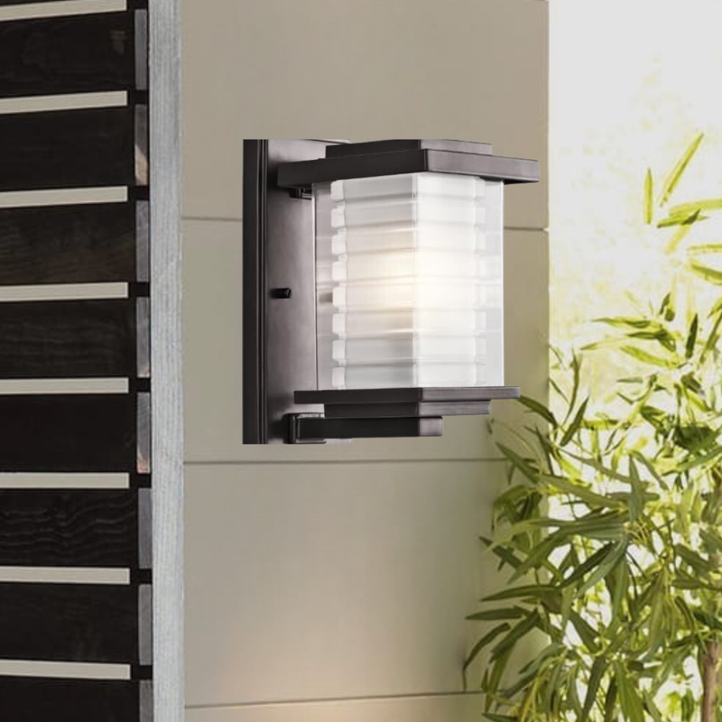Ascari 1-Light Outdoor Wall Light in Architectural Bronze Cast Aluminum with Clear Outer Glass Etched Stepped Inner Glass
