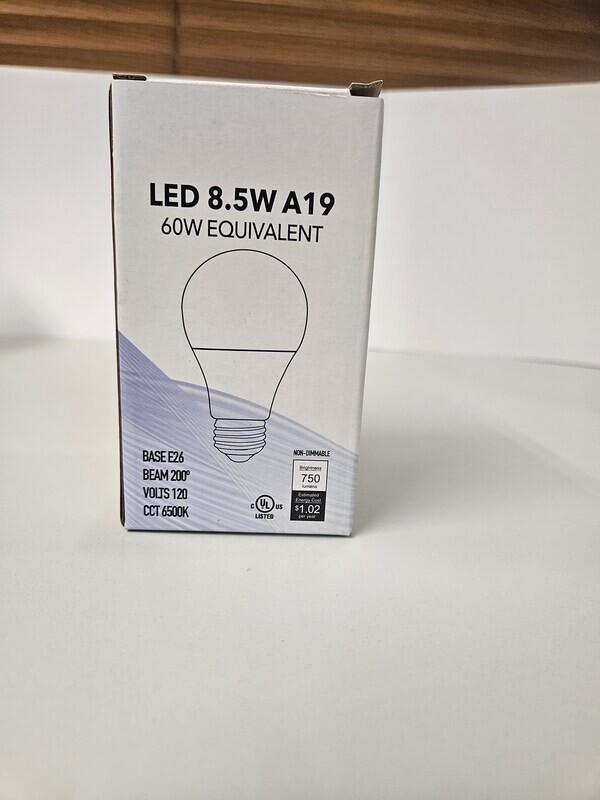 LED BULB. 8.5W LED A19 6500K Non-dimmable 120V Single Pack - Bulk Buy 5 packs