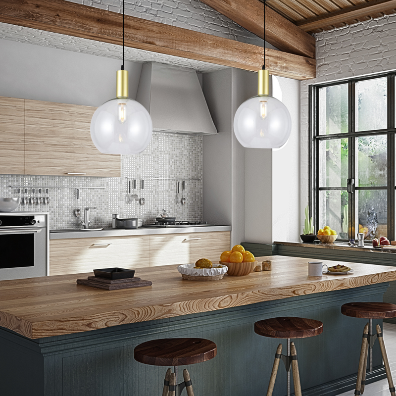 1-Light Large Pendant Classic Gold and Black with Clear Sphere Glass