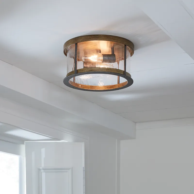 Studio Collection Angelo 2-Light Flush Mount Modern Distressed Weathered Oak/Slate Grey Metal