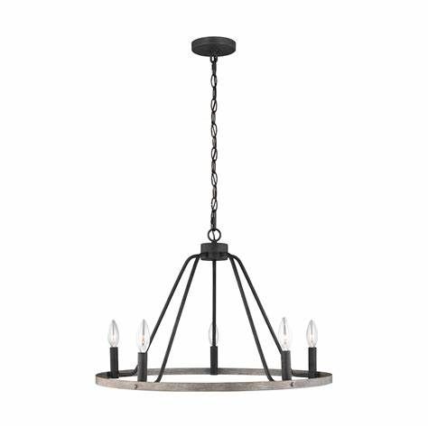French Country/Cottage Damp Rated Rayne 5-Light Chandelier Weathered Zinc and Washed Pine