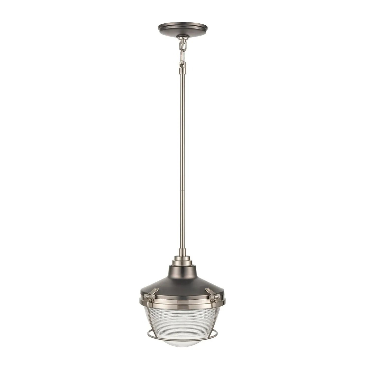 Seaway Passage 1-Light Pendant in Oil Rubbed Bronze and Satin Brass with Clear Ribbed Glass