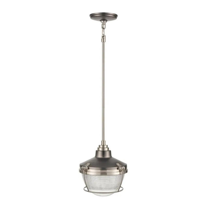 Seaway Passage 1-Light Pendant in Oil Rubbed Bronze and Satin Brass with Clear Ribbed Glass