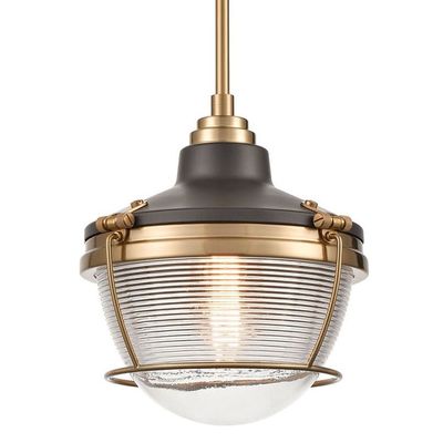 Seaway Passage 1-Light Pendant in Oil Rubbed Bronze and Satin Brass with Clear Ribbed Glass