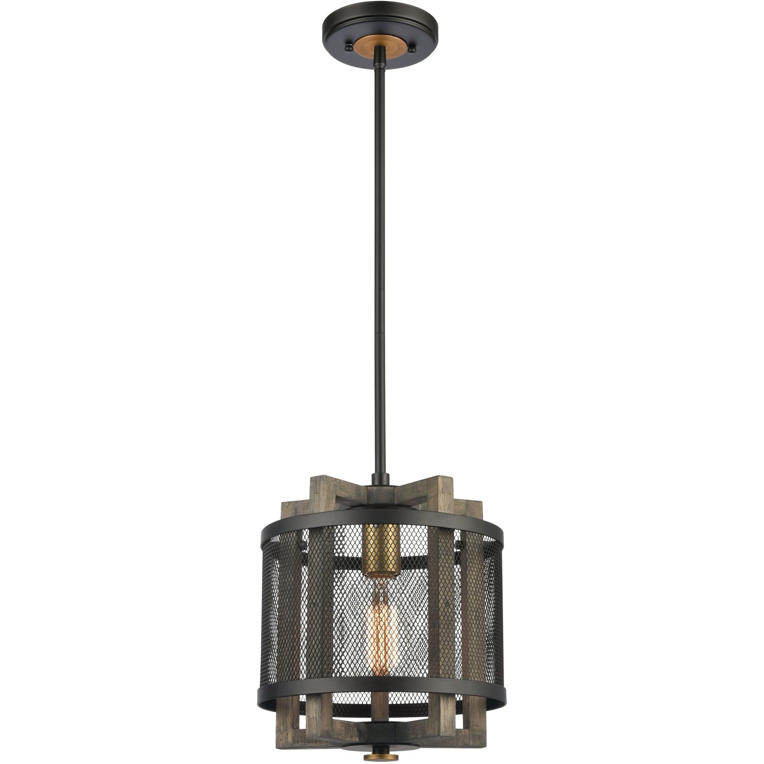 Woodbridge 1-Light Pendant Matte Black, Weathered Oak, and Aged Brass