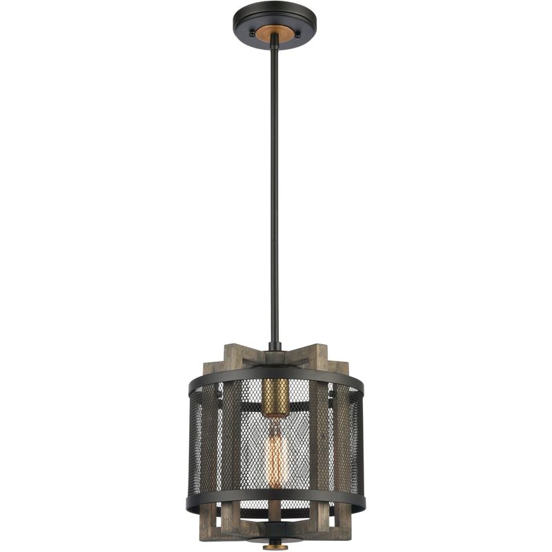 Woodbridge 1-Light Pendant Matte Black, Weathered Oak, and Aged Brass
