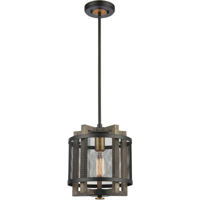 Woodbridge 1-Light Pendant Matte Black, Weathered Oak, and Aged Brass