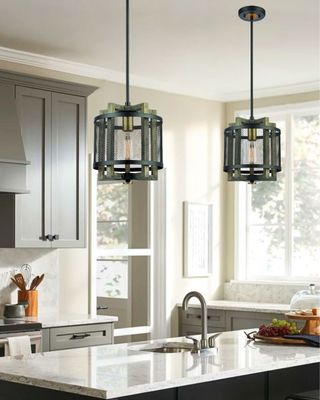Woodbridge 1-Light Pendant Matte Black, Weathered Oak, and Aged Brass