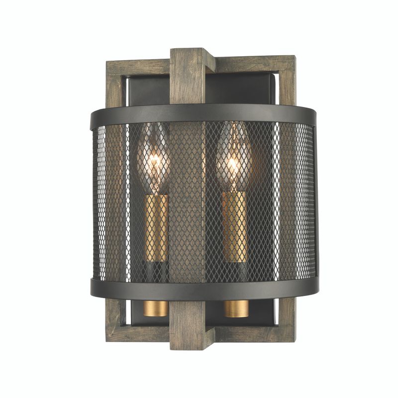 Woodbridge 2-Light Wall Sconce in Matte Black with Weathered Oak and Aged Brass