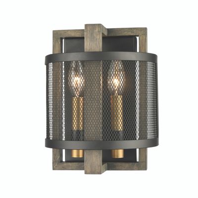 Woodbridge 2-Light Wall Sconce in Matte Black with Weathered Oak and Aged Brass