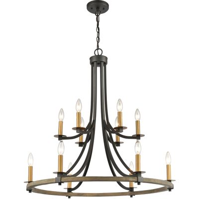 Woodbridge 12-Light Chandelier in Matte Black, Weathered Oak, and Aged Brass