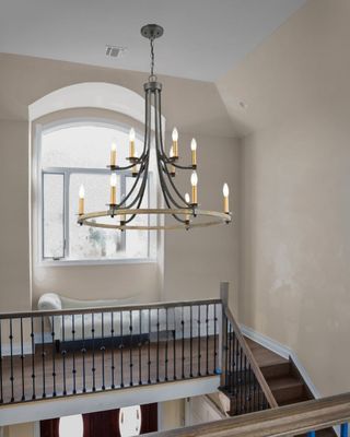 Woodbridge 12-Light Chandelier in Matte Black, Weathered Oak, and Aged Brass