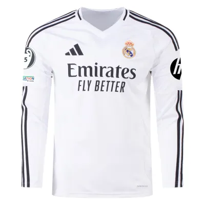 Men's Real Madrid 24/25 Home White Soccer Jersey Long Sleeve with UCL+HP Badge