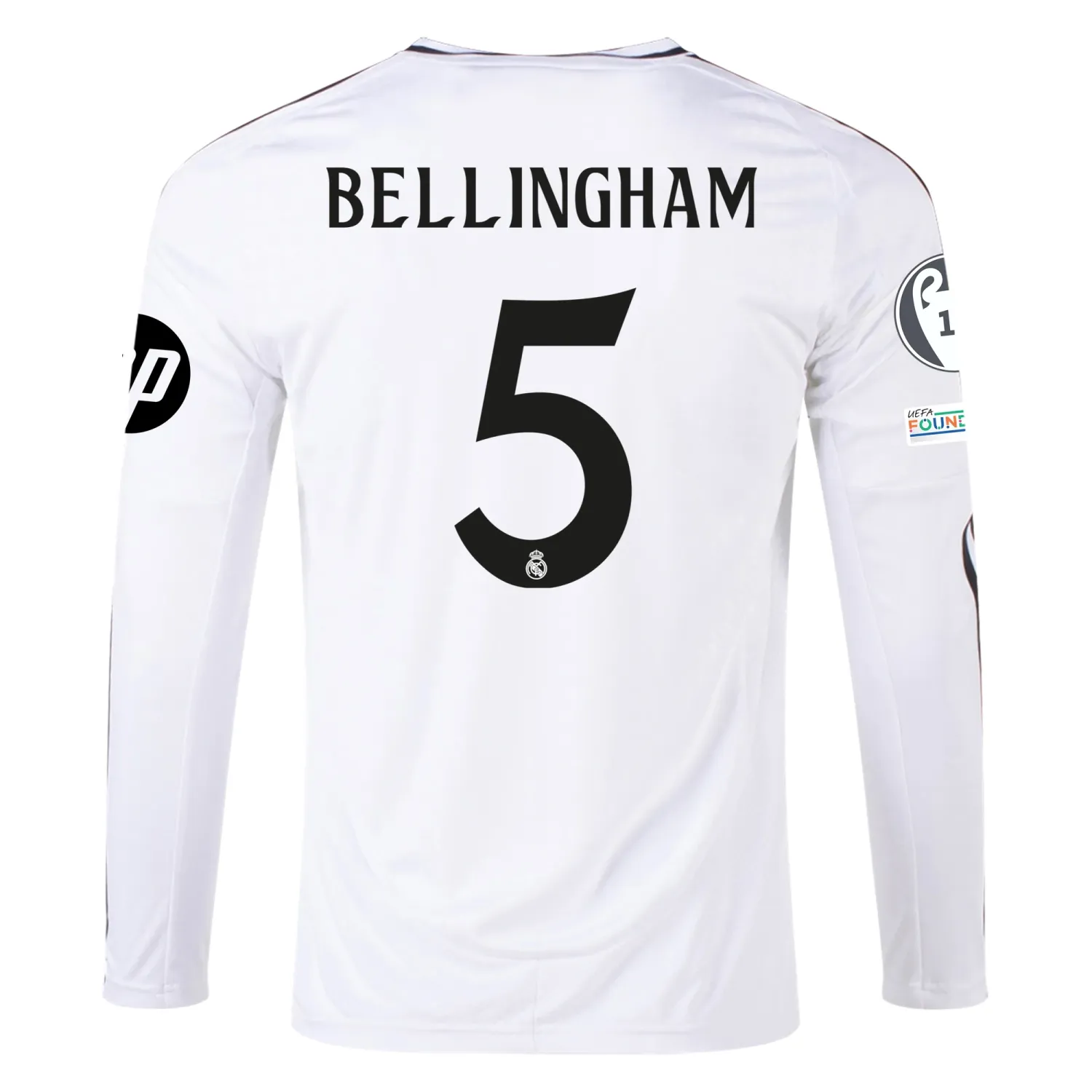 Men's Real Madrid Long Sleeve 24/25 Home White Soccer Jersey BELLINGHAM with UCL+HP Badges