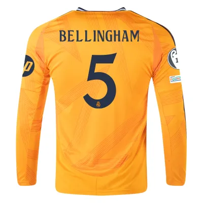 Men's Real Madrid Long Sleeve 24/25 Away Orange Soccer Jersey BELLINGHAM with UCL+HP Badges