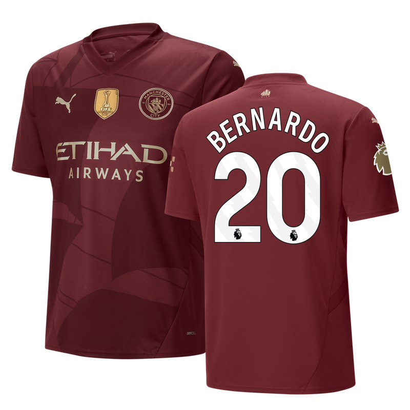 Men's Manchester City 24/25 Third Maroon Jersey PL Champion + CWC Winner Badge BERNARDO SILVA