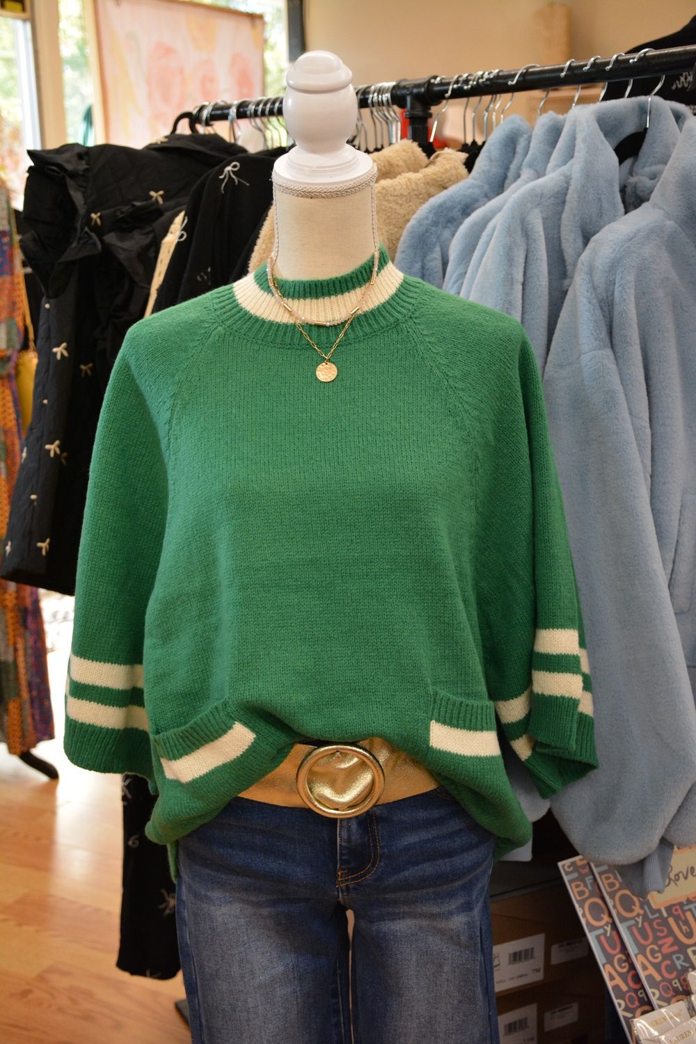 Green/Cream Sweater with front pockets