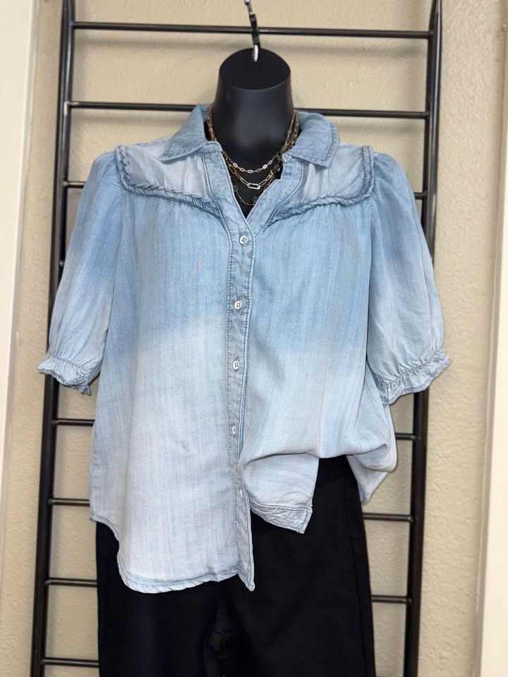Mineral washed denim braided trim top