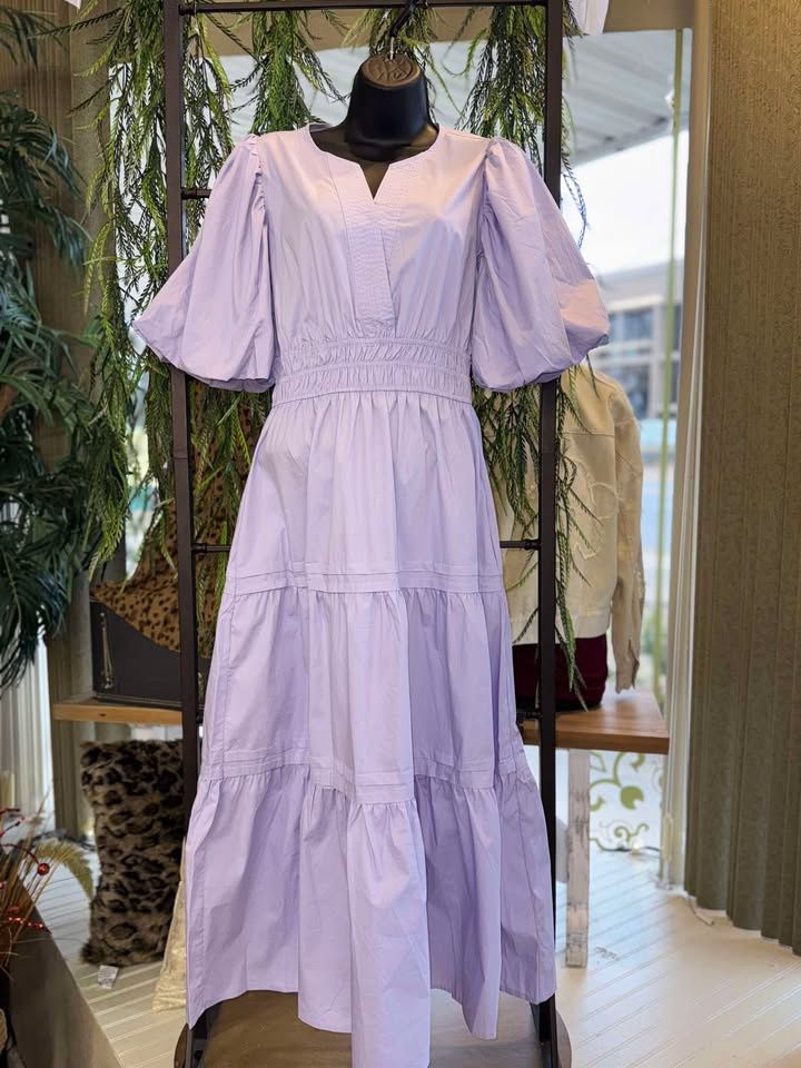 Balloon Half Sleeve Poplin Woven V-neck Tiered dress