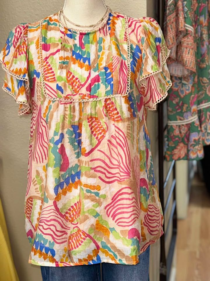 Peach Mix Round Neck Double Ruffle Sleeve Top