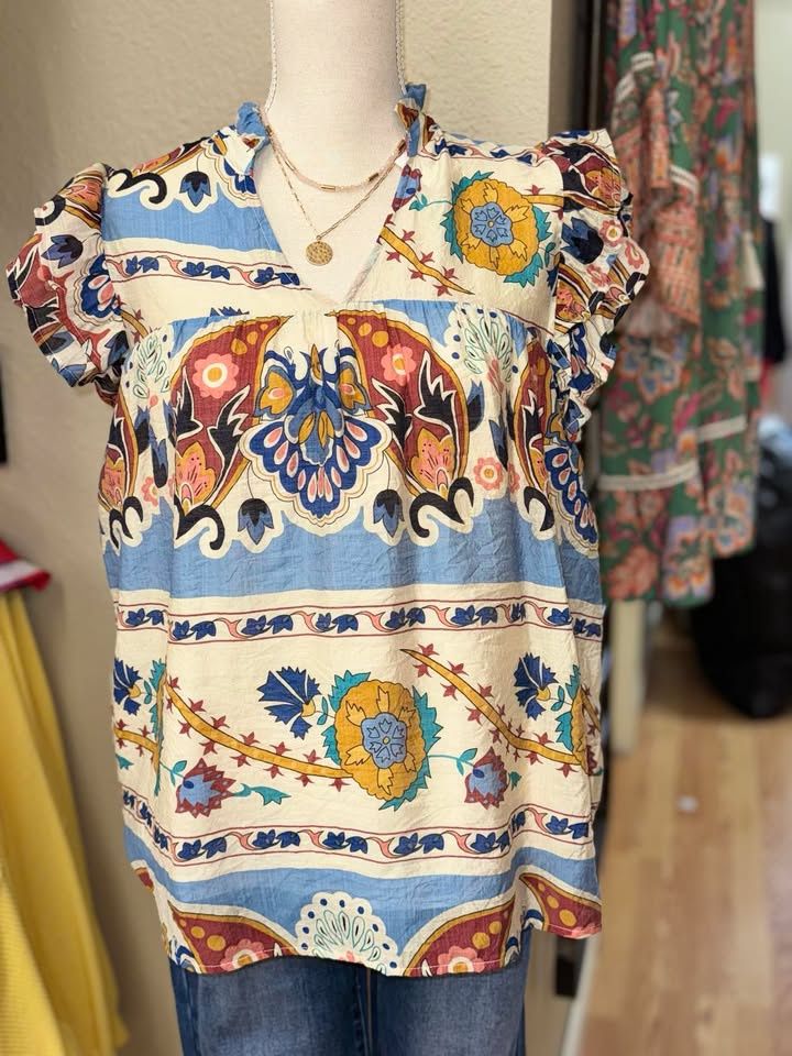 Blue Mix Lining Border Print top