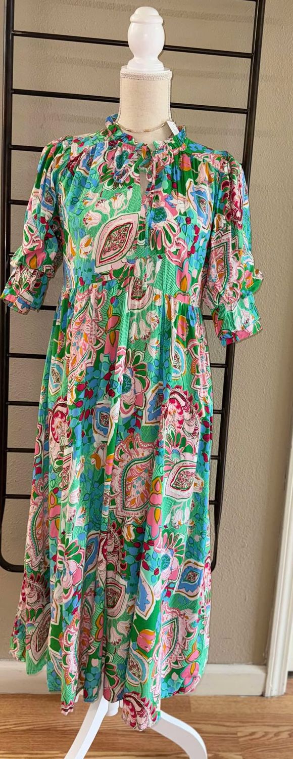 Emerald Paisley Print Tiered Dress
