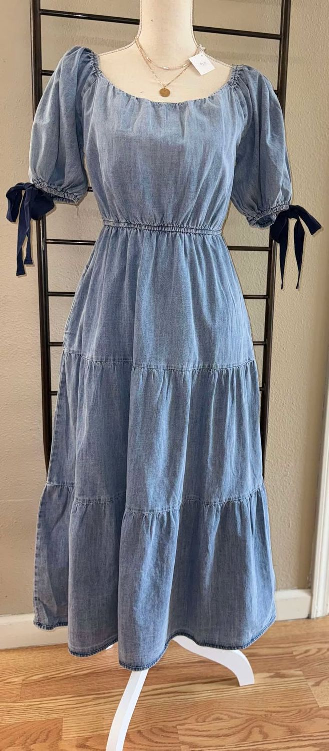 Denim Blue Dress with Bow Detail