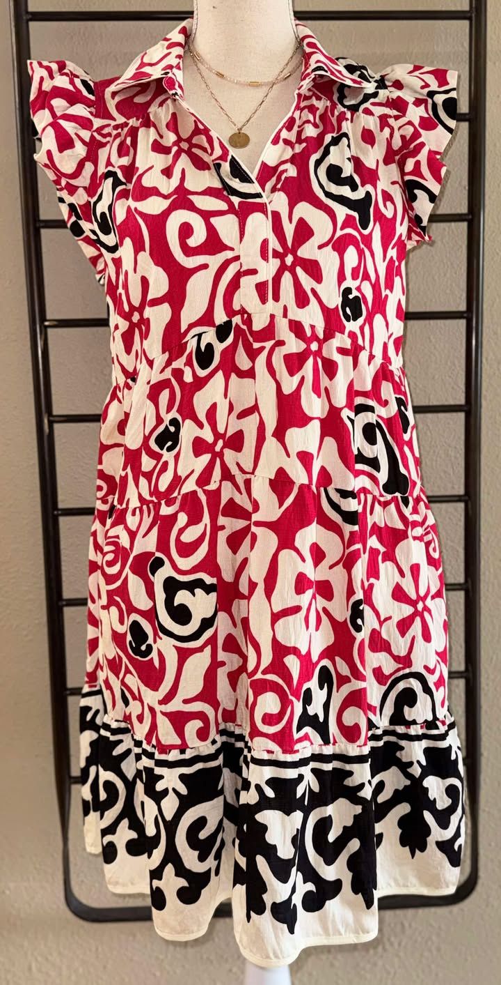 Cherry Red Abstract Border Print dress